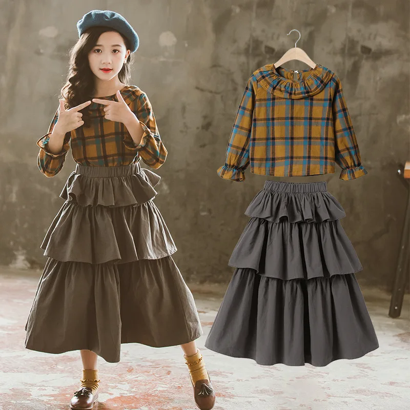 

2025 Korean Spring Autumn Children Clothing 2-Piece Sets Junior Girl O-neck Pullover Top Teen Girl Puffy Dress Sets For Girl