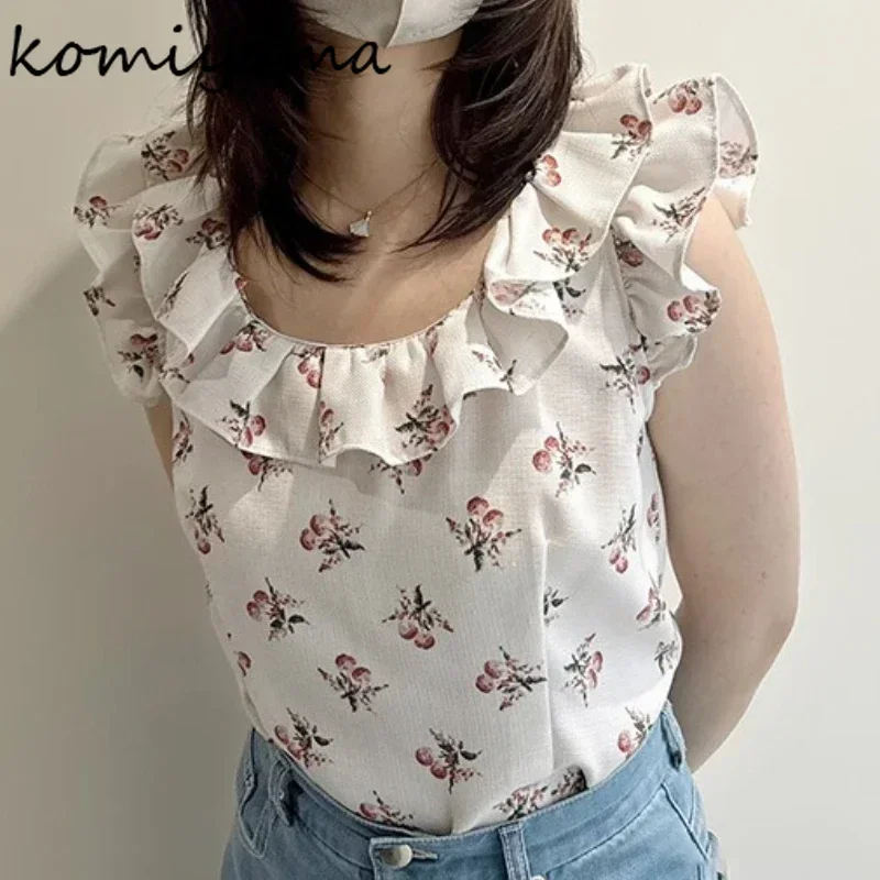 

Blusas Mujer с вишневым принтом, рубашки и блузки с оборками, лето 2023, новая женская одежда, майки без рукавов, Япония Sweet Ropa