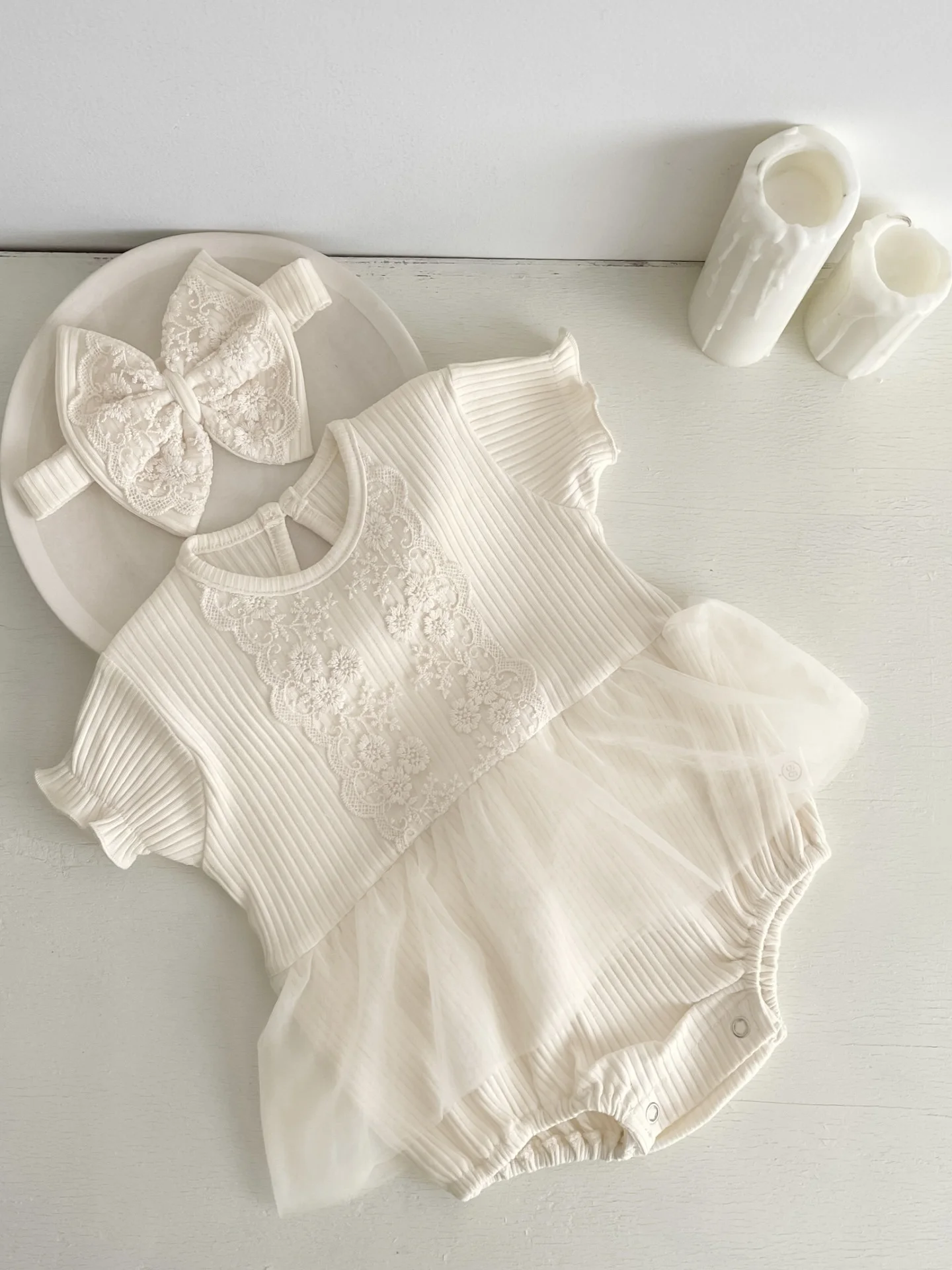 

Princ Sle Lace Baby Girl Rer Summer INS Trend Netting Baby Bodysuit with Headband Baby Girl Outfits Casual Sportswear