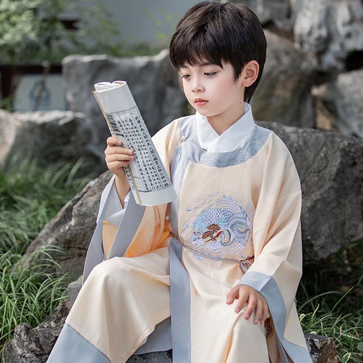 

Modified Song Dynasty Round Neck Robe for Boys - Embroidered Hanfu for Daily Wear, Chinese Ancient Style Kids Costume