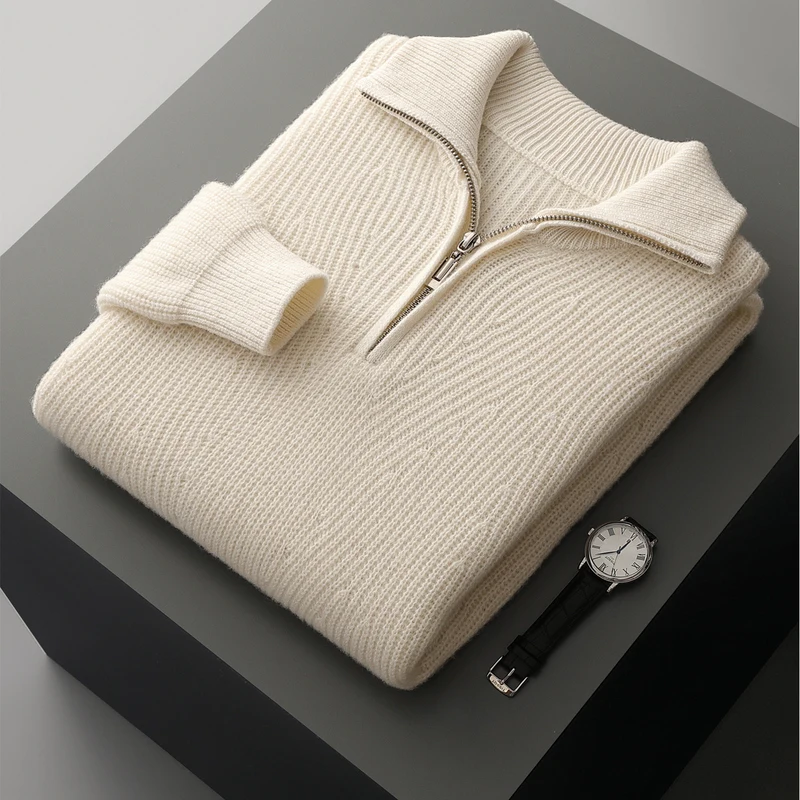 

Autumn and winter 100% pure sweater men's lapel zipper ingot needle thickened loose pullover sweater knitted bottoming shirt