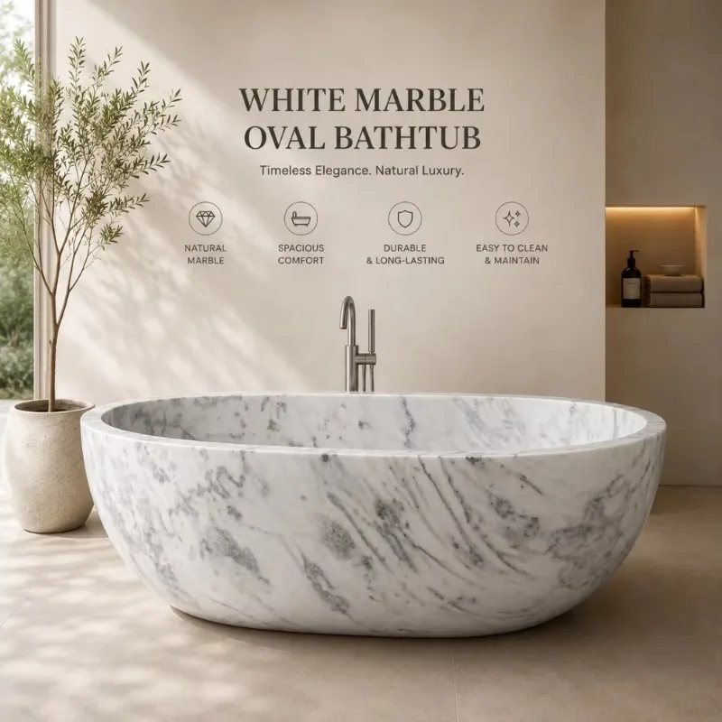Premium White Marble Bathtub Hand-Carved Oval Natural Stone Soaking Tub Freestanding Solid Marble Bath For Luxury Projects