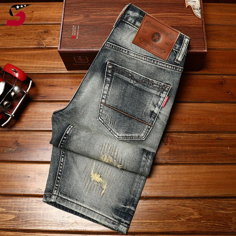 High-End Hole & Patch Trendy Denim Shorts Men's Summer Fashion Brand Stretch Washed-out Vintage Youth Casual Cropped Pants