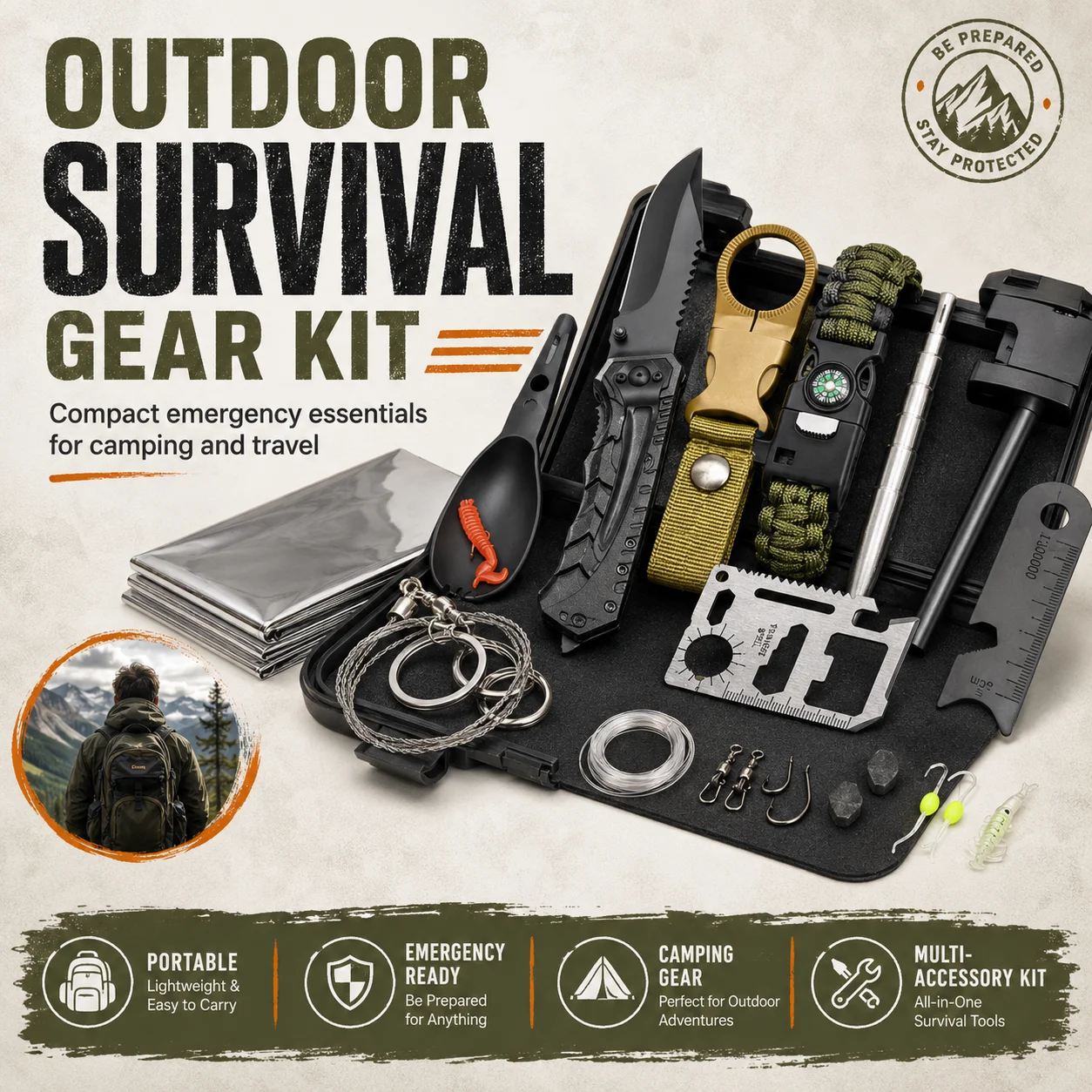 Kit de survie d'urgence en plein air, ensemble d'outils de camping portable avec bracelet boussole, couverture d'urgence, allume-feu, scie à fil, carte multi-outils et étui de transport pour la randonnée, le camping et les voyages