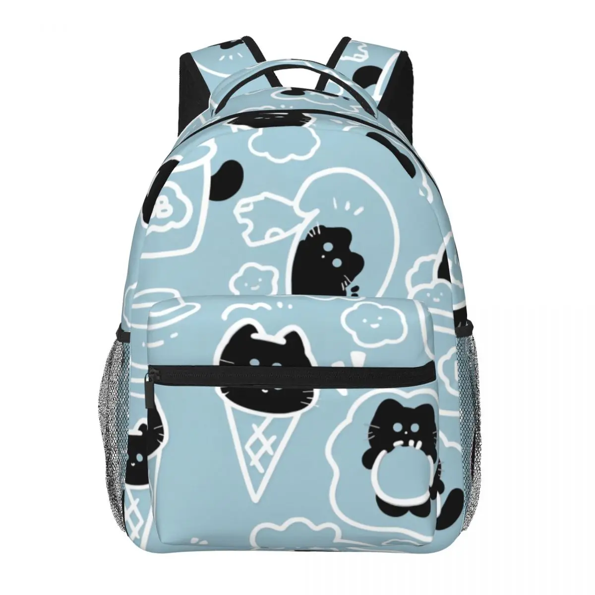 Soft Aesthetic Student Backpack Tossed Whimsical Cats Cute Cartoon Pastel Blue Black White Edgy Daypack for School Work Weekend