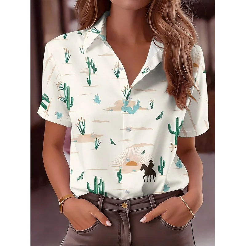 Chemisier à manches courtes pour femme, imprimé motif équestre et cactus du désert western, motif cactus et cheval sur toute la surface, respirant, en polyester, taille S