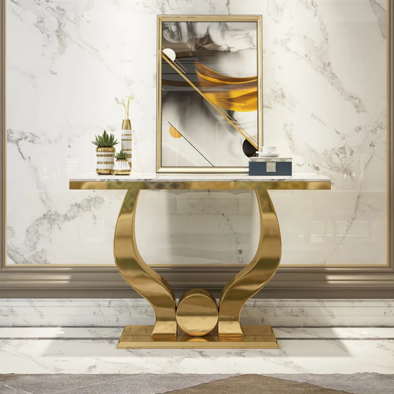 Italian light luxury marble entrance table stainless steel rock slab entrance platform against the wall