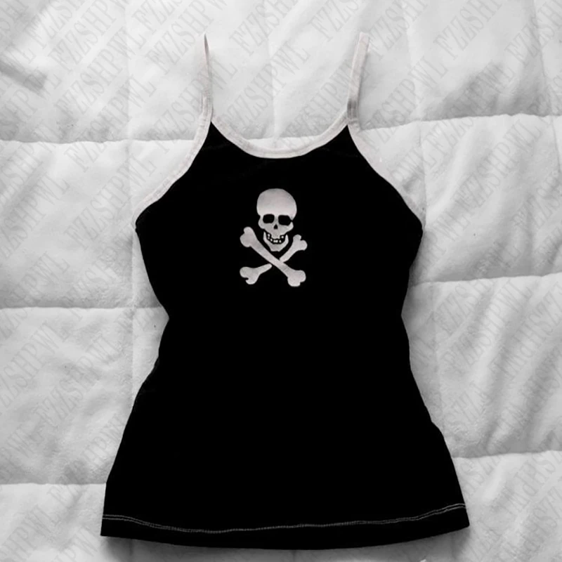 Chic Aesthetic Y2K Tank Top Harajuku Skull Graphic Printed HIP HOP Crop top Gothic 90s Rock Sexy Sling Punk Girl Halter E-Girl