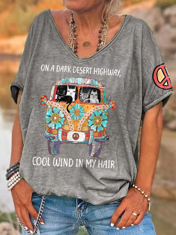 Hippie Women's V Neck T-Shirt Summer Beach Short Sleeve Tops Casual Loose Print Tees