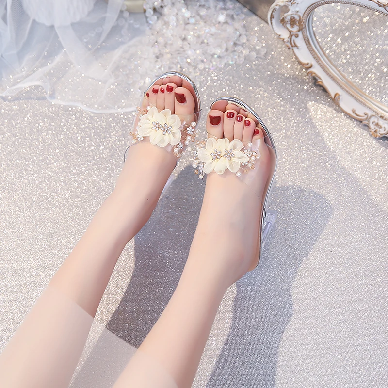 2024 Summer New Fashion Women\'s Outwear Slippers Round Toe Open Toe Flower Water Diamond Fairy Style Comfortable High Heels