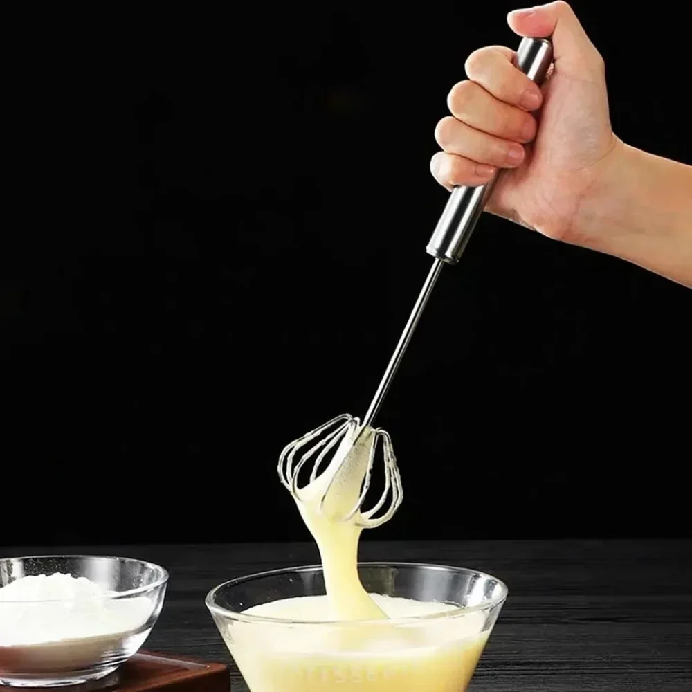 1pc Semi Automatic Self Rotating Egg Whisk 304 Stainless Steel Manual Hand Mixer Household Baking Kitchen Accessory