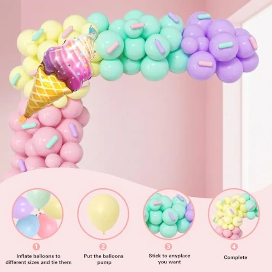 Décorations de fête d'anniversaire sur le thème de la crème glacée pour filles, Kit en arc de guirlande de ballons avec toile de fond joyeux anniversaire, fourniture complète de fête