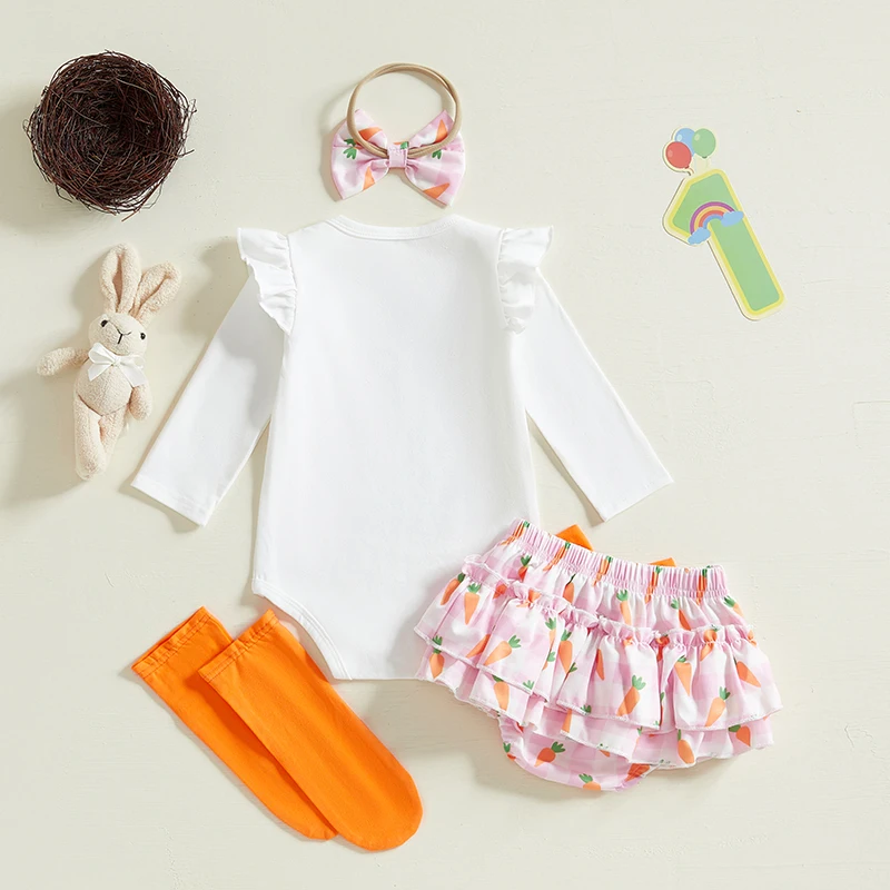 Osterhasen-Baby-Mädchen-Outfit, bezaubernder Strampler mit Karotten-Rüschen-Shorts, Schleife, Stirnband, Socken – Frühlingskleidung für Sie