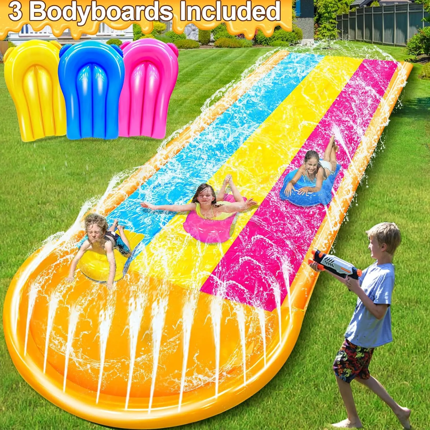 [3-zijdige Veilige Omheining] Extra Breedte Triple Slip Waterglijbaan Met 3-weg Sprinklers, Achtertuin Gazon Glijbanen En 3 Bodyboards Wi