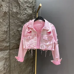 Autumn Pink Short Denim Jacket Women Spring New Slim Holes Single-Breasted Jean Coats Long Sleeve Frayed Outwear Femme Denimwear