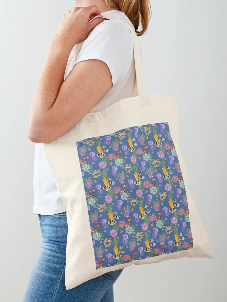 Beauty under the sea, deep blue, fish, sea anemones, coral, clownfish, Jellyfish, starfish, shells, summer Tote Bag