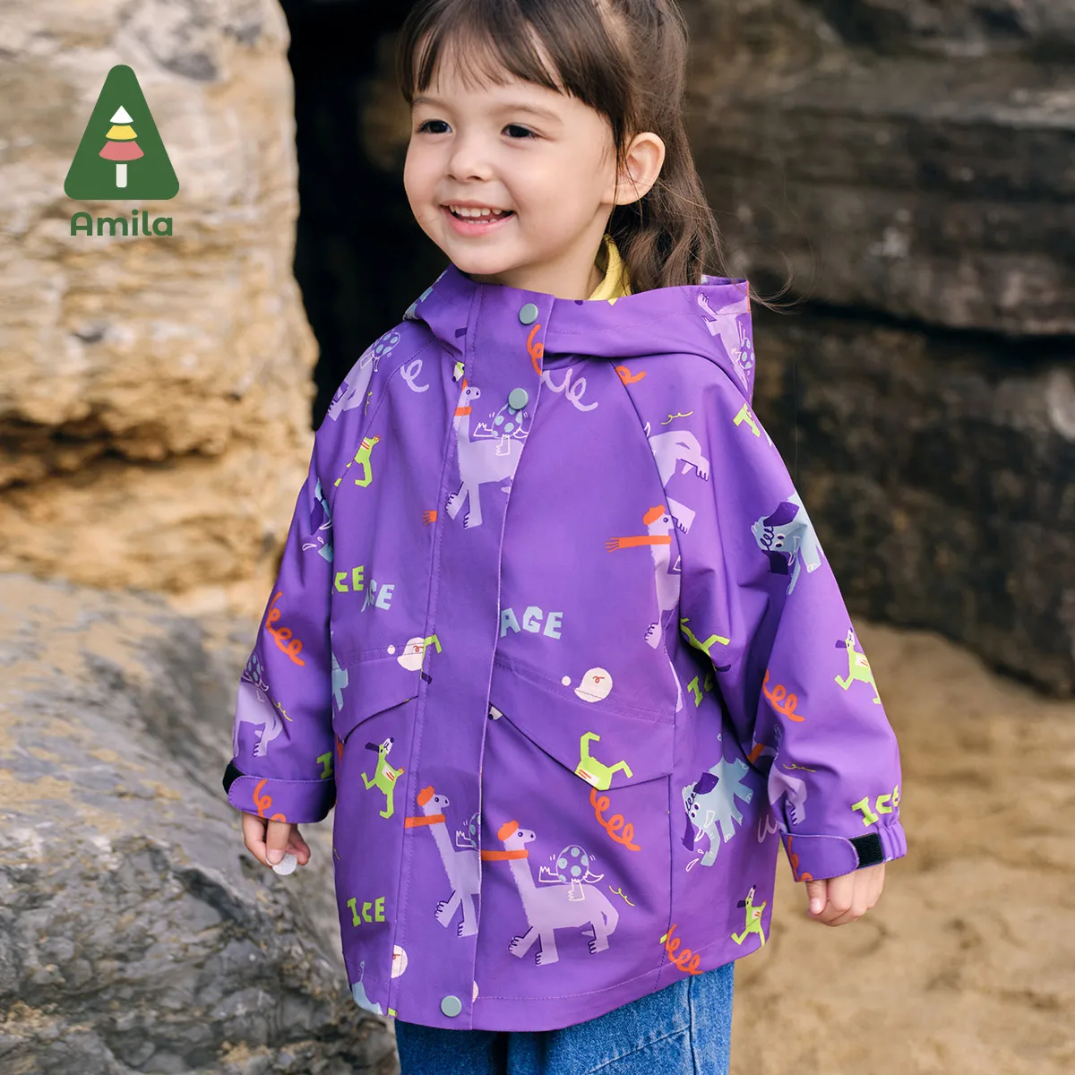 Amial Baby Jacket 2024 Autumn New Boys And Girls Three-Proof Anti-Static Outdoor Sports Hooded Cartoon Casual Children’s Jacket