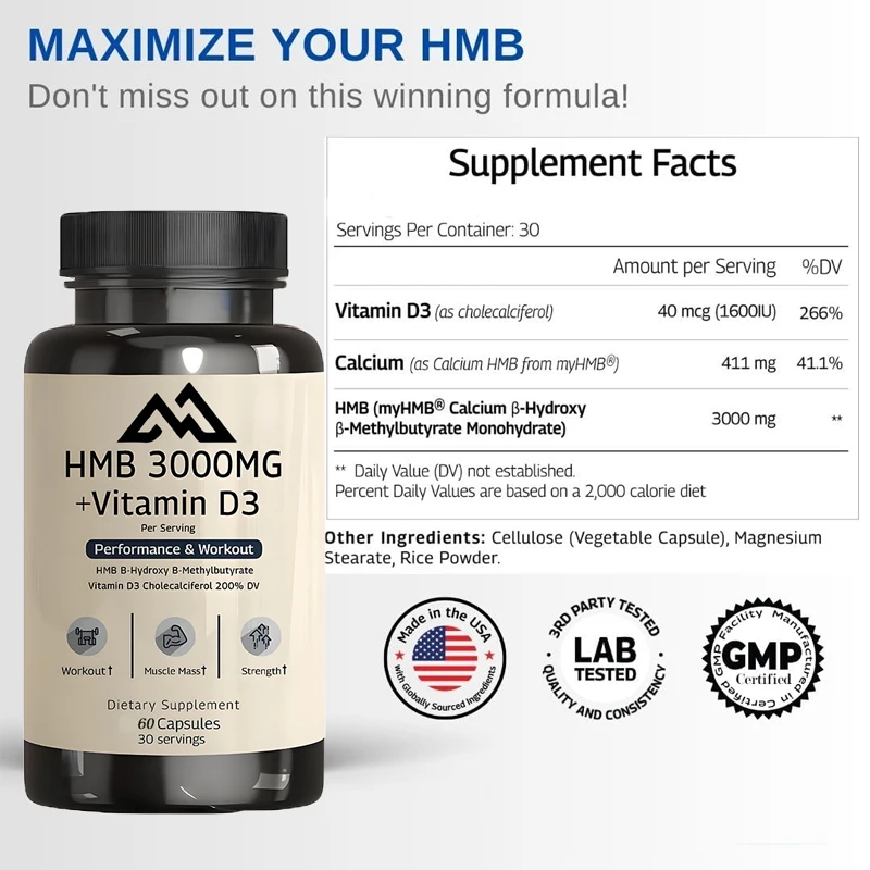 HMB 3000mg and vitamin D3 (1600 IU) supplements promote muscle growth and recovery -60 vegetarian capsules 30 servings