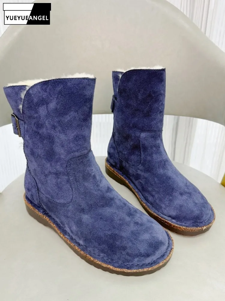 Winter Women Cow Suede Flat Snow Boots Fleece Lining Warm Ankle Boots Korean-style Round Toe Slip-On Footwear New High Top Shoes