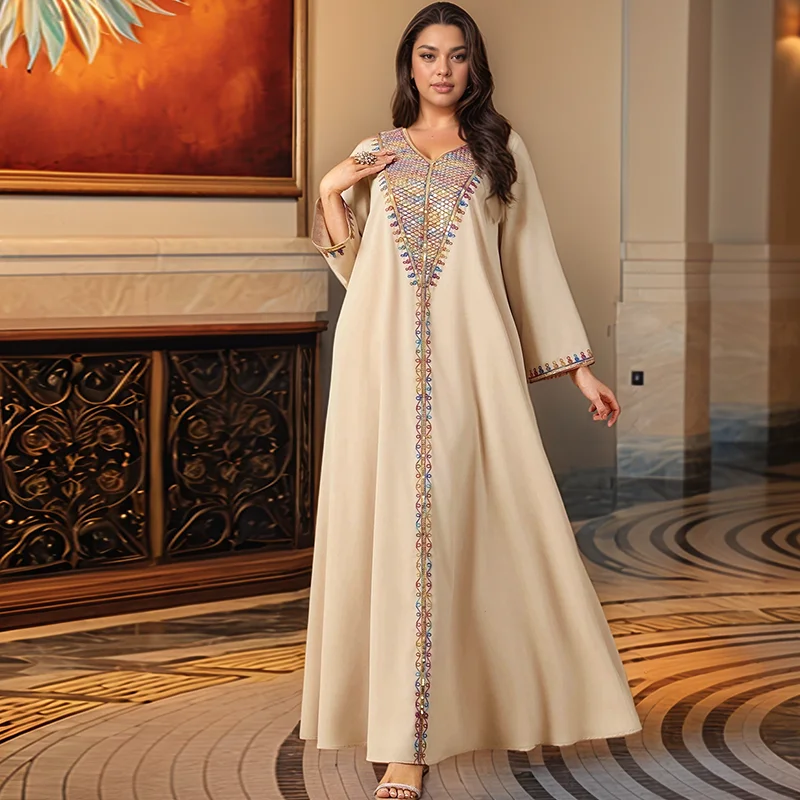 

New Muslim Abayas For Women Long Sleeved Dress Dubai Lady Elegant Long Dress Islam Clothing African Abaya Loose Robe With Turban