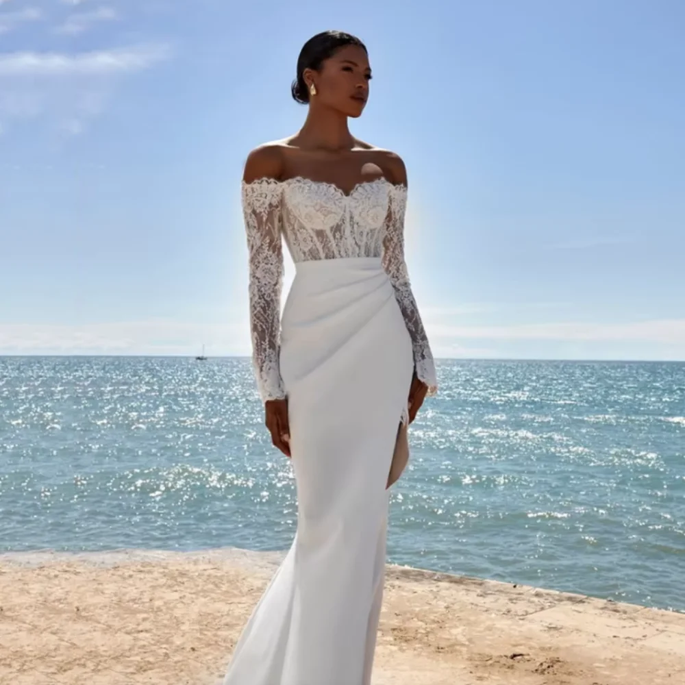 カスタマイズされたボヘミアンレースのウェディングドレス、マーメイドオフショルダー、スプリット、花嫁用ローブ、スイートハート、ブライダルガウン、ベスティドス・デ・ノイバ