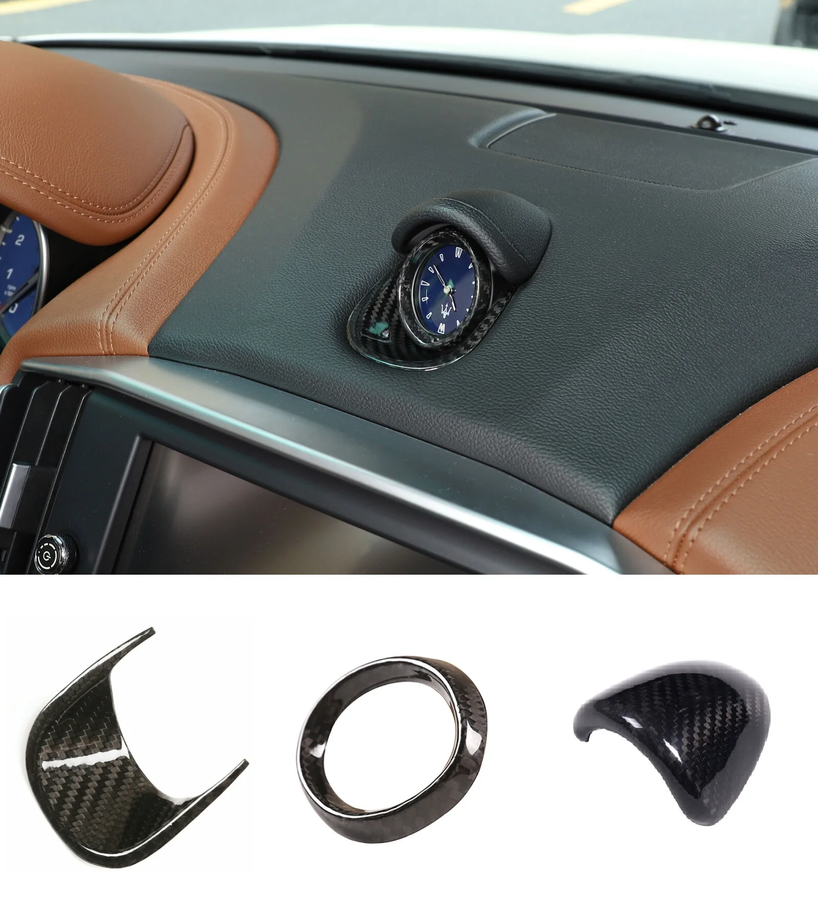 

3Pcs Real Carbon Fiber Dashboard Clock Panel Decorative Cover Trim Fit For Maserati Ghibli 2014-2019