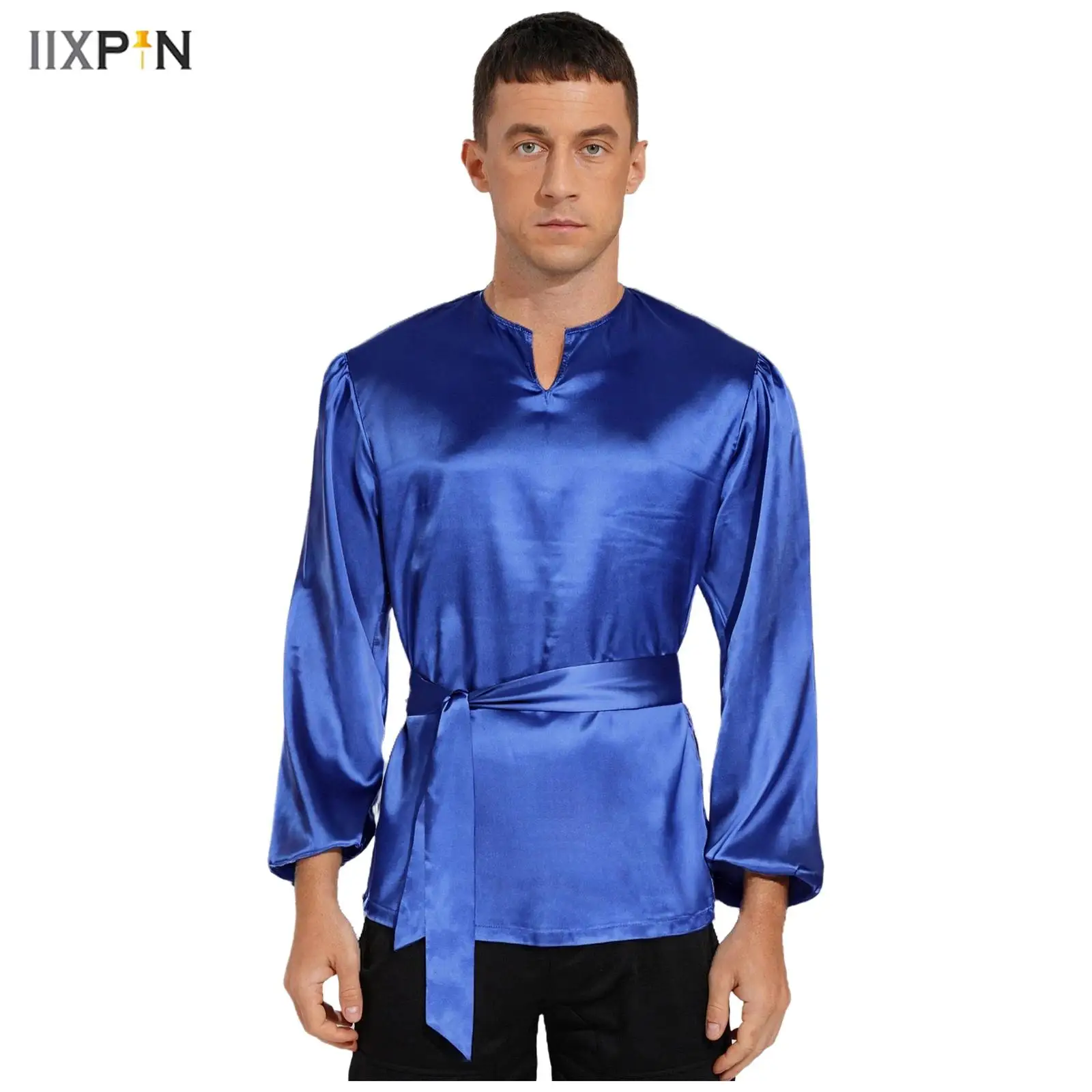 

Mens Liturgical Praise Worship Dance Shirt Silky Satiny Long Sleeve Pullover Loose Blouses Tops with Belt for Lyrical Dance