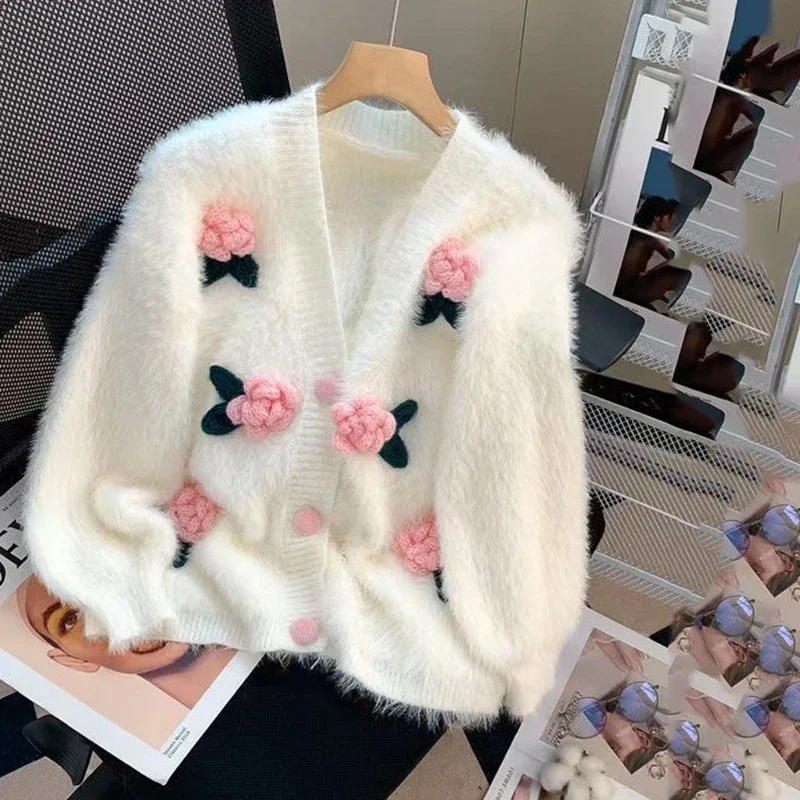 New Fashion Faux Mink Fur Cardigan Sweater Jacket for Women'snew Three-dimensional Flower Soft Style Loose Top