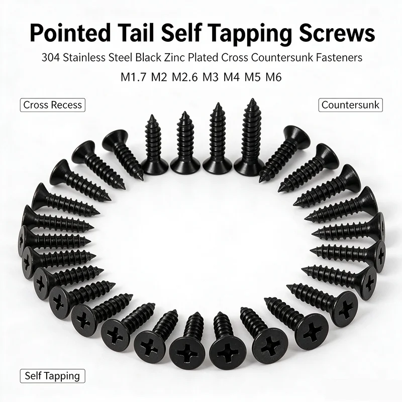 Hardware Self Tapping Fasteners 304 Stainless Steel Black Zinc Plated Cross Countersunk Pointed Tail Screws M1.7M2 M2.6M3 M4M5M6