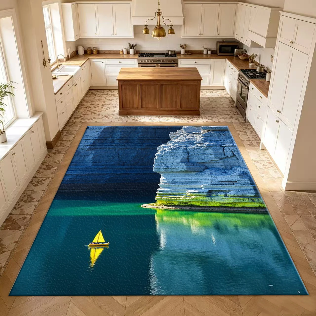Blue Cliff Lake Sailboat Scenery Carpet Nature Printed Carpet Home Floor Mat for Living Room Bedroom Use