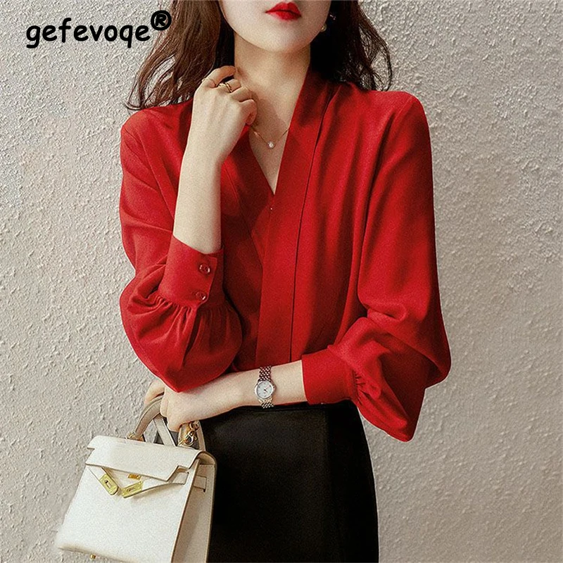 Womens Clothing Red Chic Tops Business Casual Office Lady Blouse Spring Autumn Fashion V Neck Long Sleeve Shirt Blusas Elegantes