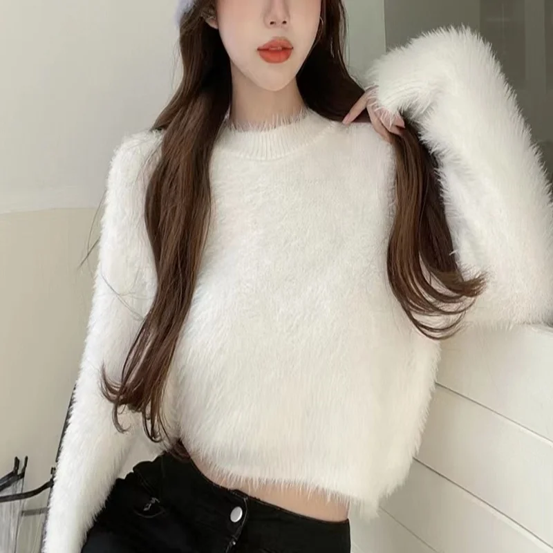 Women\'s Long Sleeves Sweater Lint Knitted Tops O Neck Pullover Casual Faux Mink Fleece Sweater Crop Tops