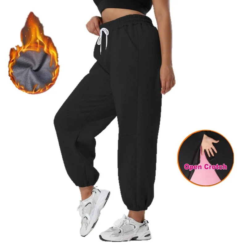 Women's Open-crotch Thermal Leggings Women's Clothing Fleece Drawstring Solid Color Pocket Casual Sweatpants with Running