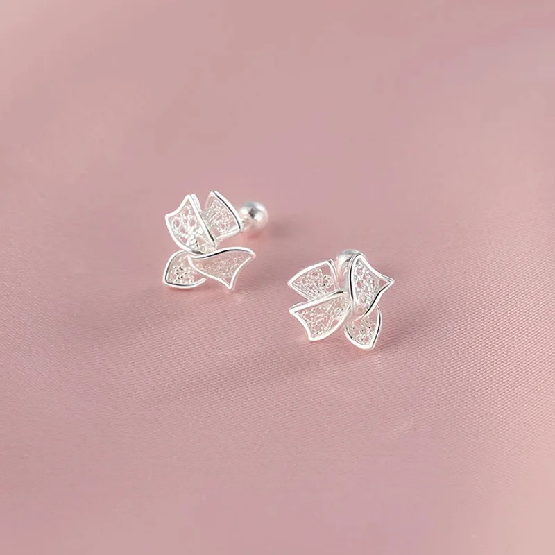 Real 925 Sterling Silver Hollow Bowknot Bead Screw Stud Earrings For Women Classic Fine Jewelry Light Luxury Accessories