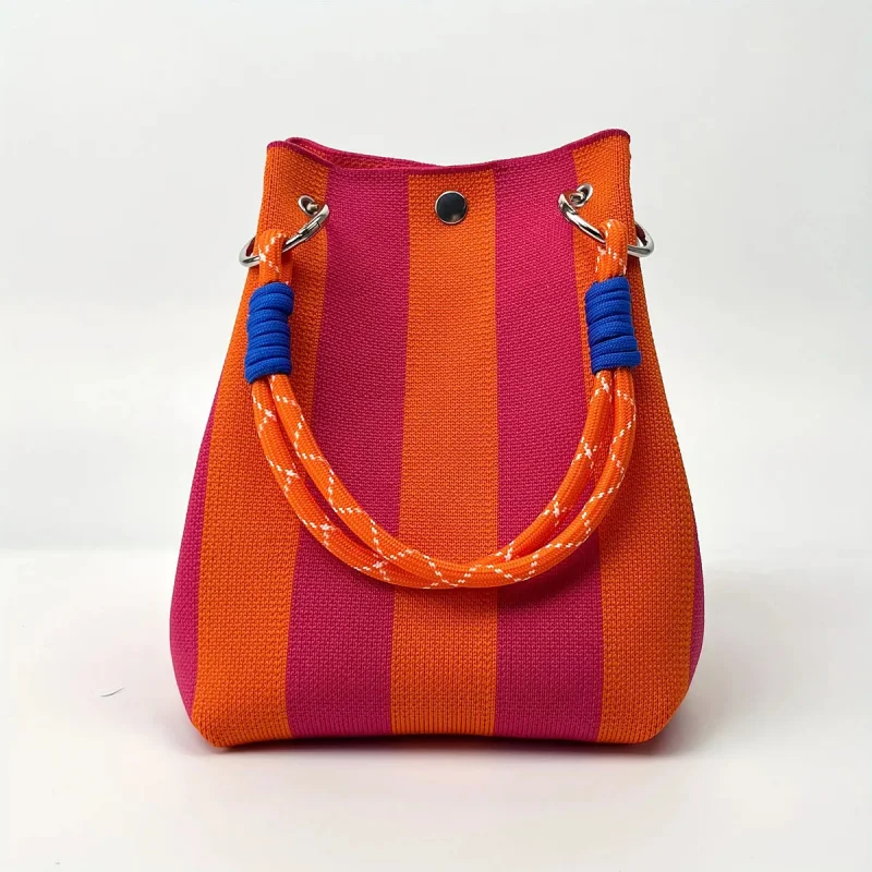 This multi-color knitted retro bucket handbag is simple and color-blocked, versatile and easy to carry with you image 5