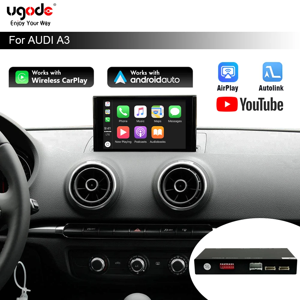 Ugode Wireless CarPlay Android Auto Decoder Box for Audi A3 2013-2018 AirPlay MirrorLink OEM Steering (5.8''/6.3''/7''/8.3'')​