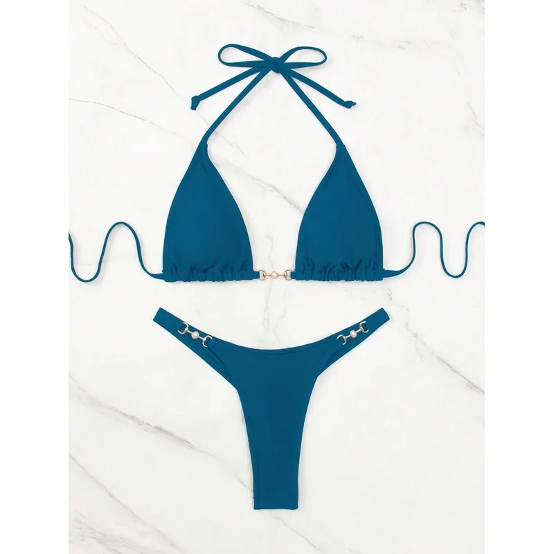 JEWELRY SEN Ladies Solid Color Chain‑Link Bikini 2‑Piece Halter High‑Cut Swimwear Beach Vacation Swimsuit