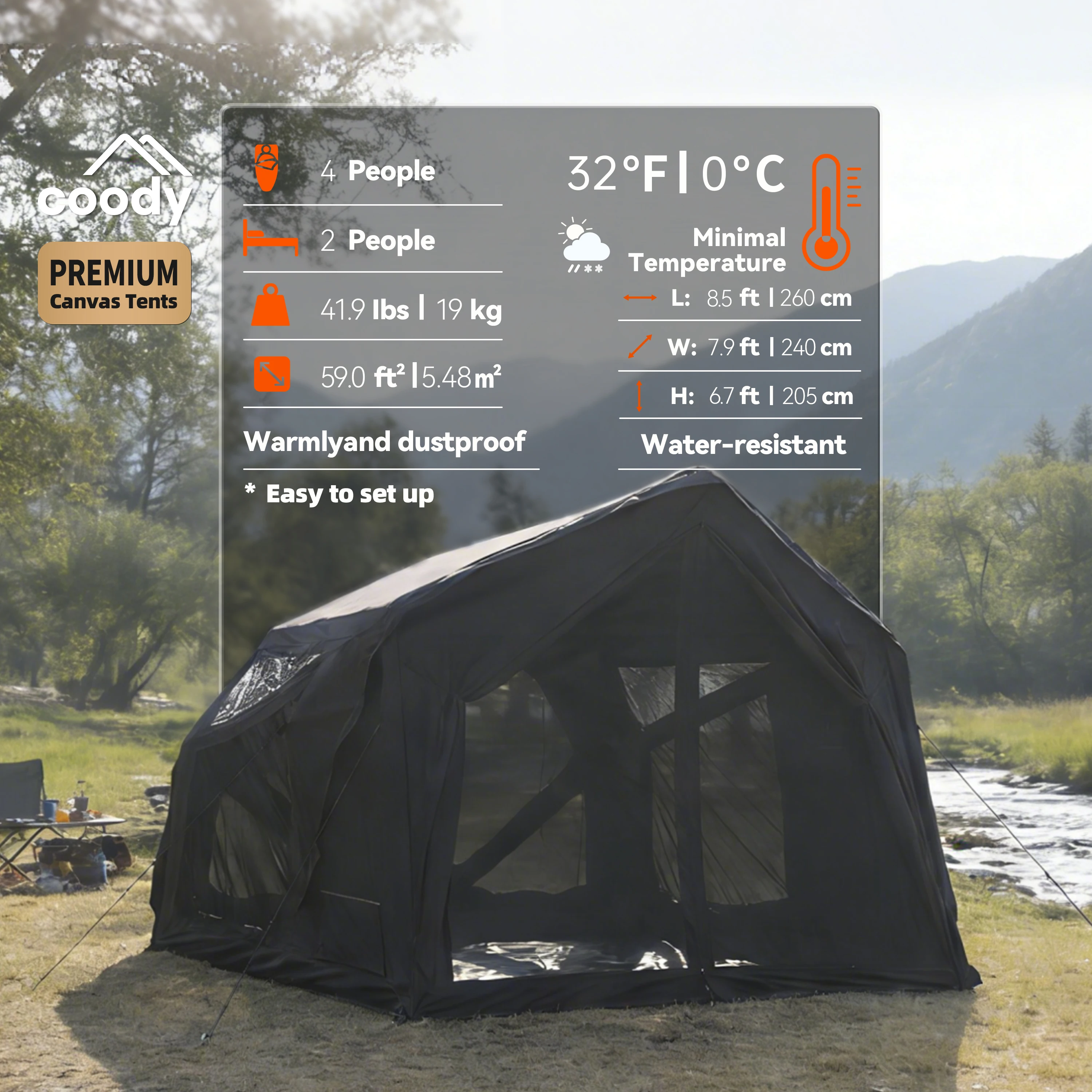 Coody Yustona Air Tent-Black Four Seasons Portable Tent Cotton Fabric Rainproof and Waterproof Outdoor Camping Tent