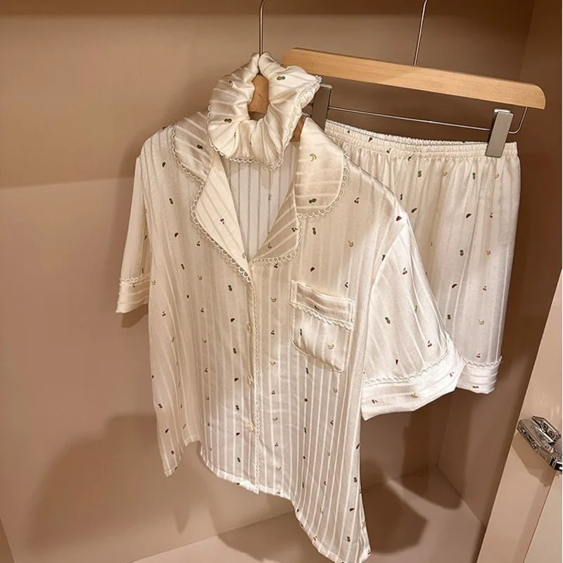 Women Girl Party Pajamas New Ice Silk Satin Cute 26 Spring Autumn Short Sleeve Pants 2piece Set Nightgown Sleepwear Homewear
