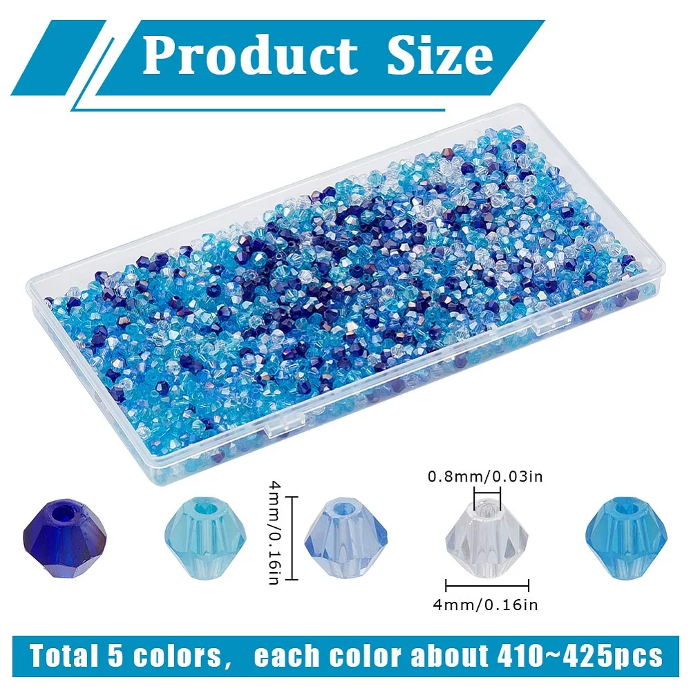 25 Strands 5 Colors Transparent Electroplate Glass Beads Strands AB Color Plated Faceted Bicone Mixed Color 4x4mm Hole: 0.8mm