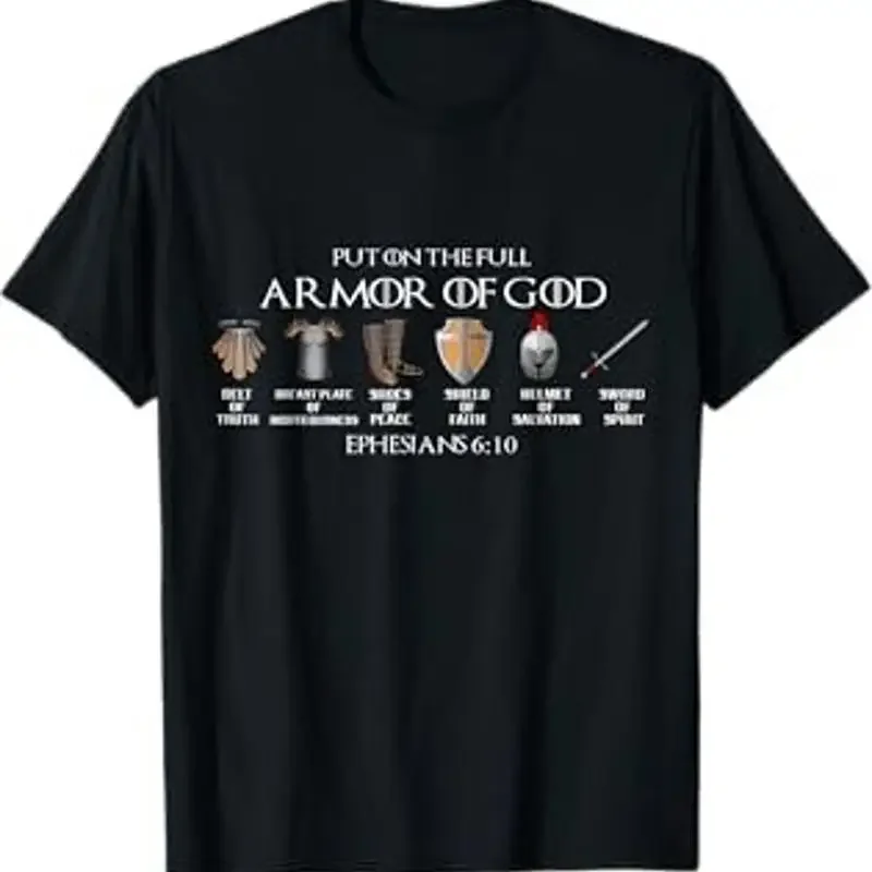

Armor of God Ephesians 6:10 Graphic T-Shirt Breathable Cotton Short Sleeve Crew Neck Tee for Men