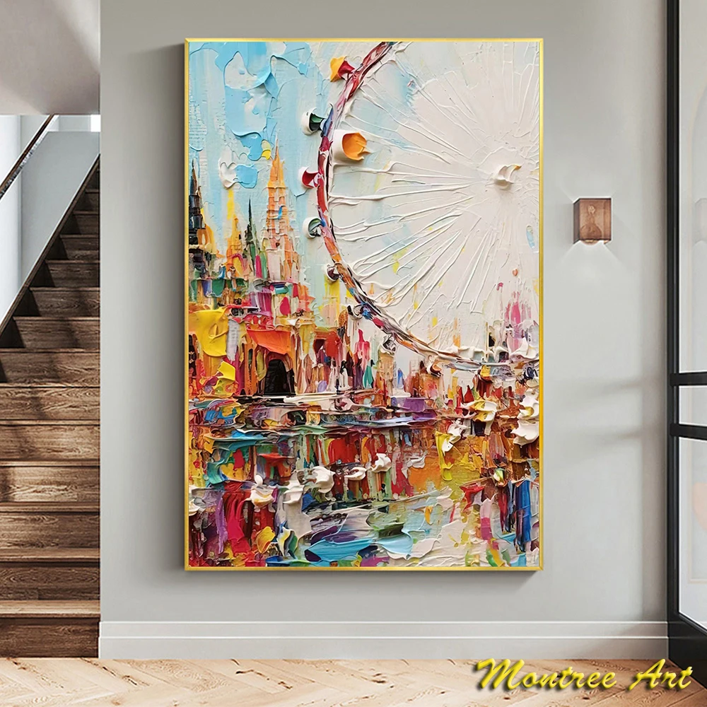 Handmade Oil Painting Abstract Ferris Wheel Oil Painting Original Amusement Park Painting Textured Wall Art Bedroom Wall Decor