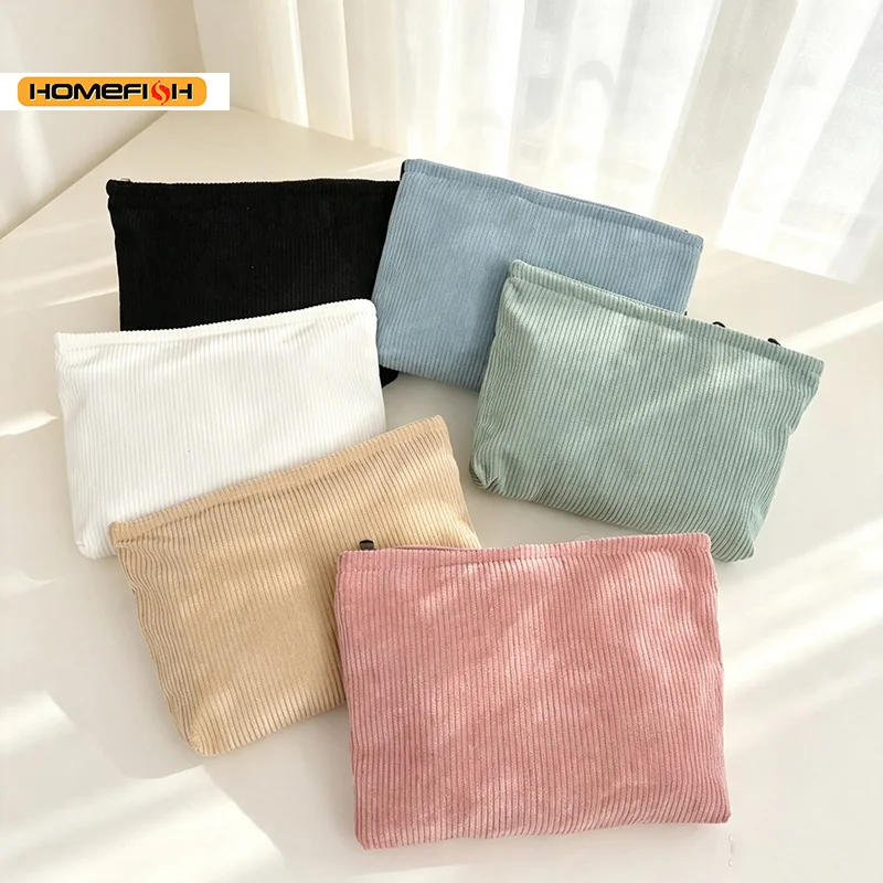HOMEFISH Corduroy Cosmetic Bag Large Capacity Portable Travel Makeup Organizer Zipper Women Daily Storage Clutch Handbag