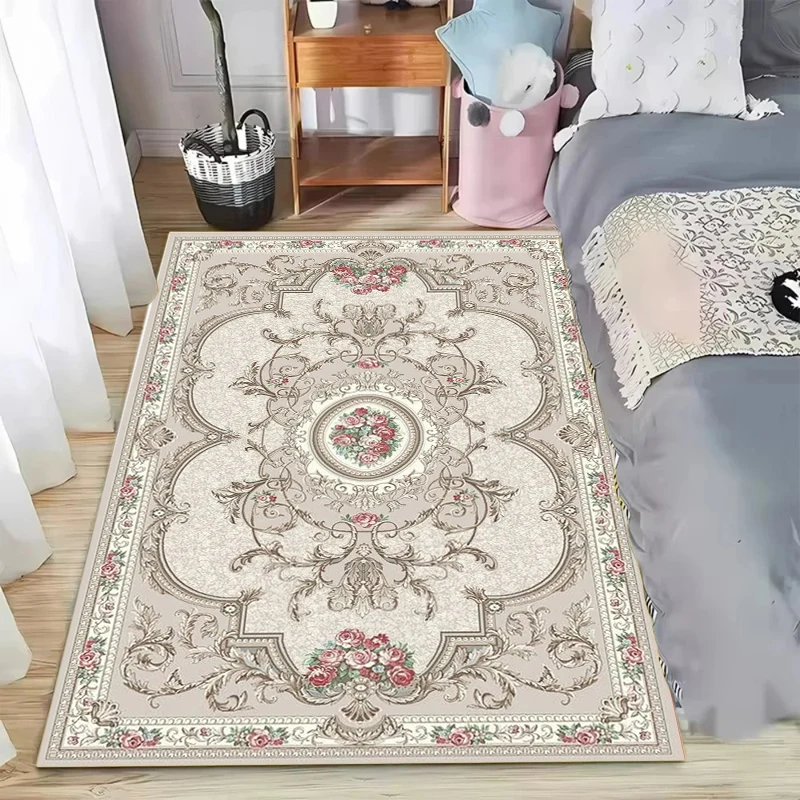 European Vintage Distressed Floral Rectangular Rug, Pink Beige Ornate Flower Print Carpet, Non-Slip Living Room Floor Mat