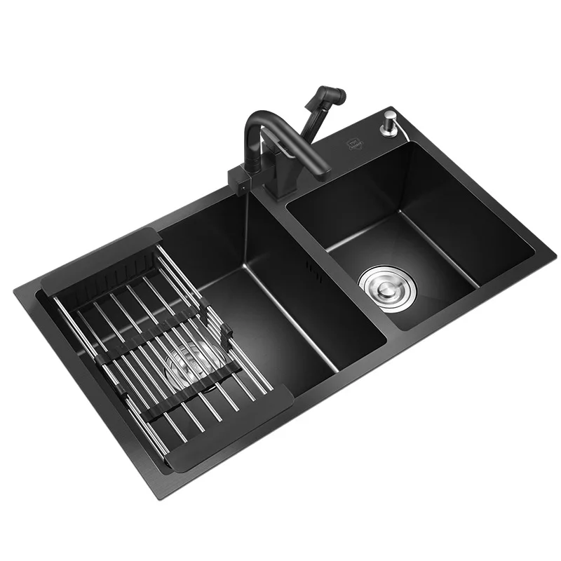 Fregadero de cocina negro Nano de acero inoxidable 304, lavabo de verduras para el hogar, accesorio con grifo de cocina, accesorios de drenaje, montaje superior