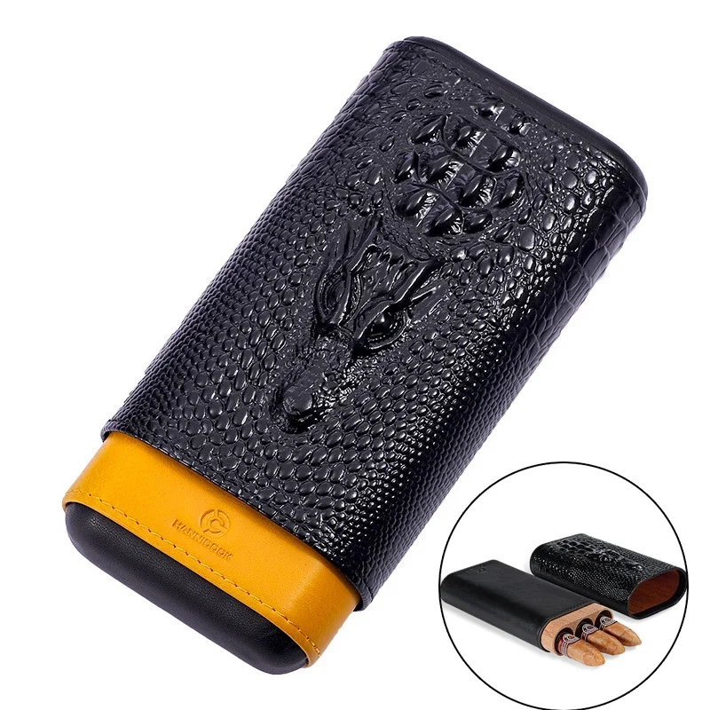 High Quality Dragon Pattern Travel Cigar Case Leather Portable Black Humidor Cigar Holder Carrying 3 Tubes Cigar Accessories