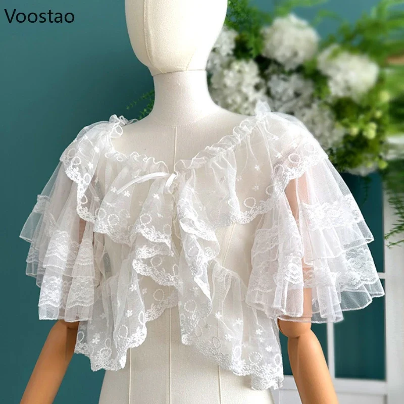 Sweet Lolita Lace Ruffles Short Shawl Women Casual Open Front Mesh Poncho Gothic Girls Y2k Princess Capes Cardigan Crop Tops