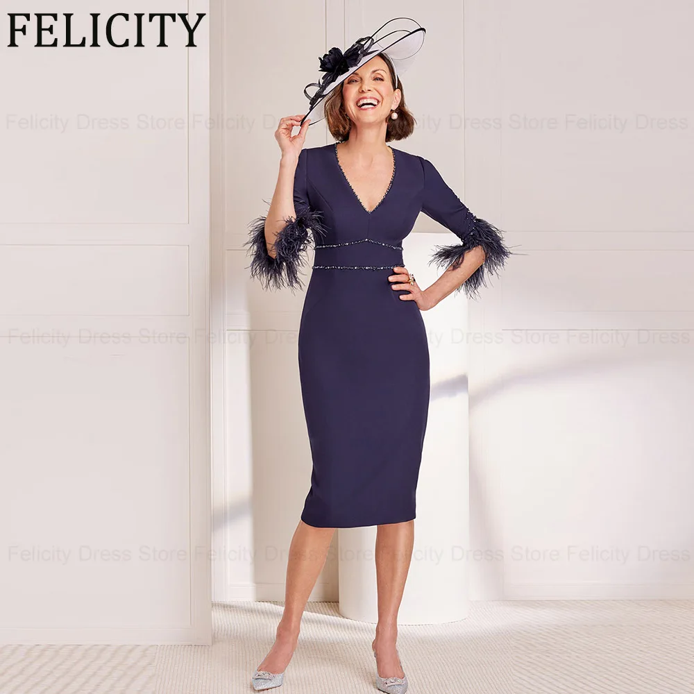 

FELICITY Exquisite Mother of the Bride Dress 2024 Sheath V-Neck Wedding Guest Dresses Beading Feathers Knee-Length Evening Gowns