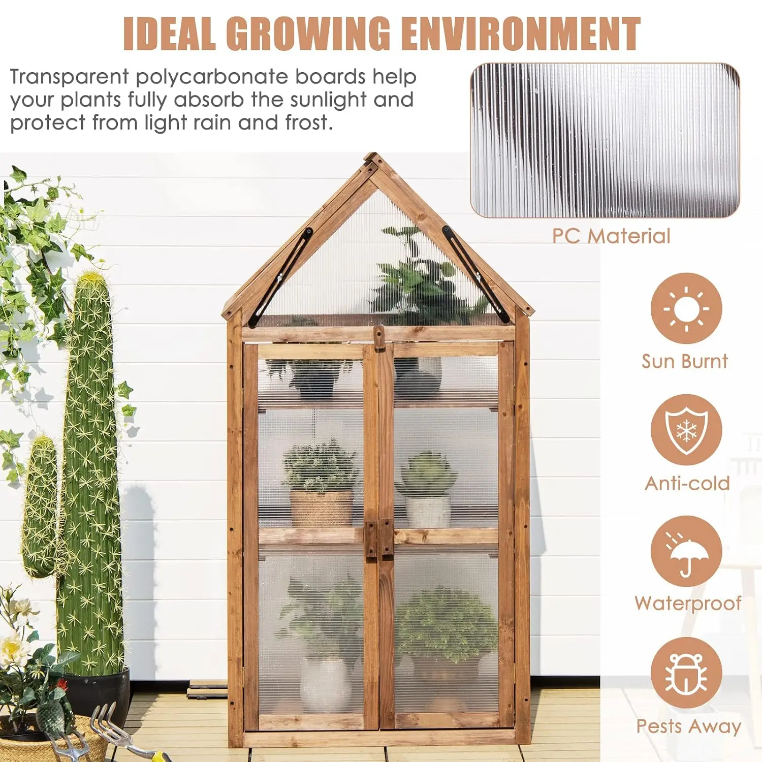 GRAFFY Wooden Cold Frame Greenhouse with 3 Removable Shelves for Outdoor, Custom