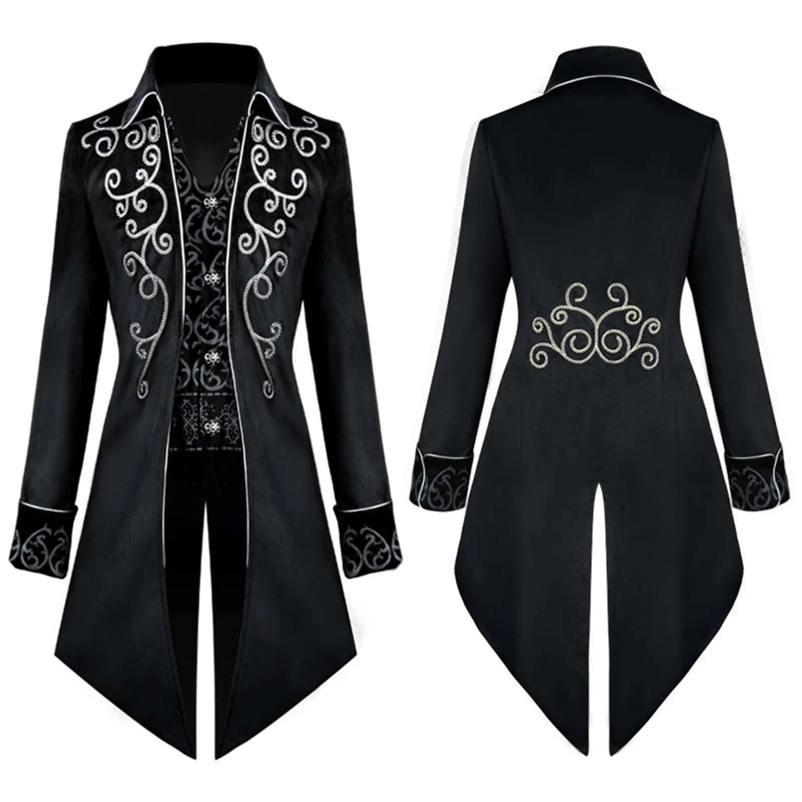 Embroidery Dovetail Uniform Men Vintage Tailcoat Coat Gothic Long Sleeve Fashion Jackets Coat Victorian Medieval Steampunk Top